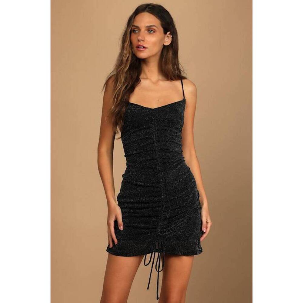 Lulus Talk Of The Party Black Sparkly Ruched Bodycon Mini Dress - Size M